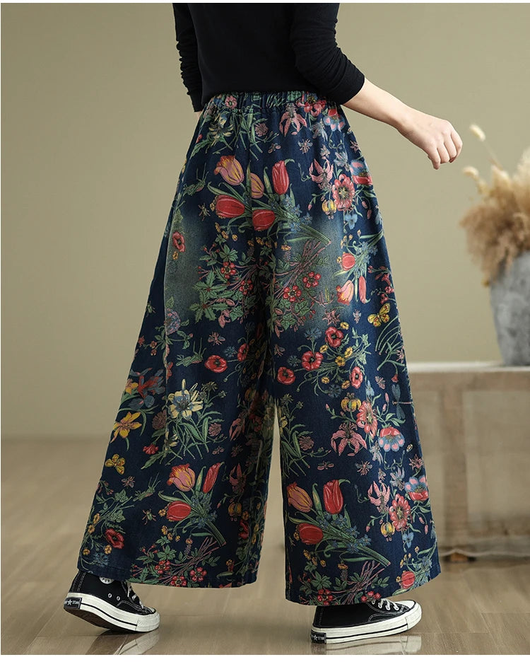 Jeans Blume Floral Print Herbst Breite Bein Hose Frauen Lose Gefaltete Mode Damen Übergroßen Hosen Elastische Taille Frau Hosen