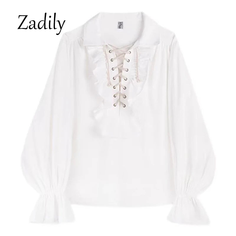 Piratenhemd für Herren, Vintage-Gothic-Renaissance-Stil, Rüschen, Schnürung, mittelalterliches Buccaneer-Blusenoberteil für alle Jahreszeiten