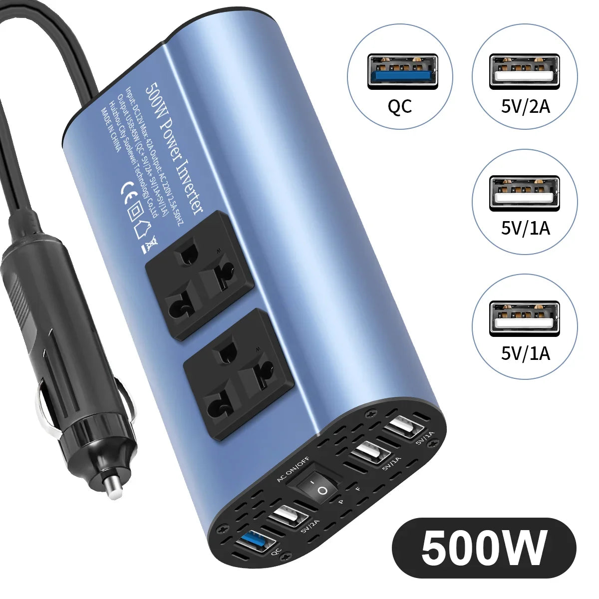 400 W/500 W Auto-Wechselrichter DC 12 V auf AC 220 V Konverter, 3 USB 2.0 und 1 USB QC3.0 Steckdose nach europäischem Standard
