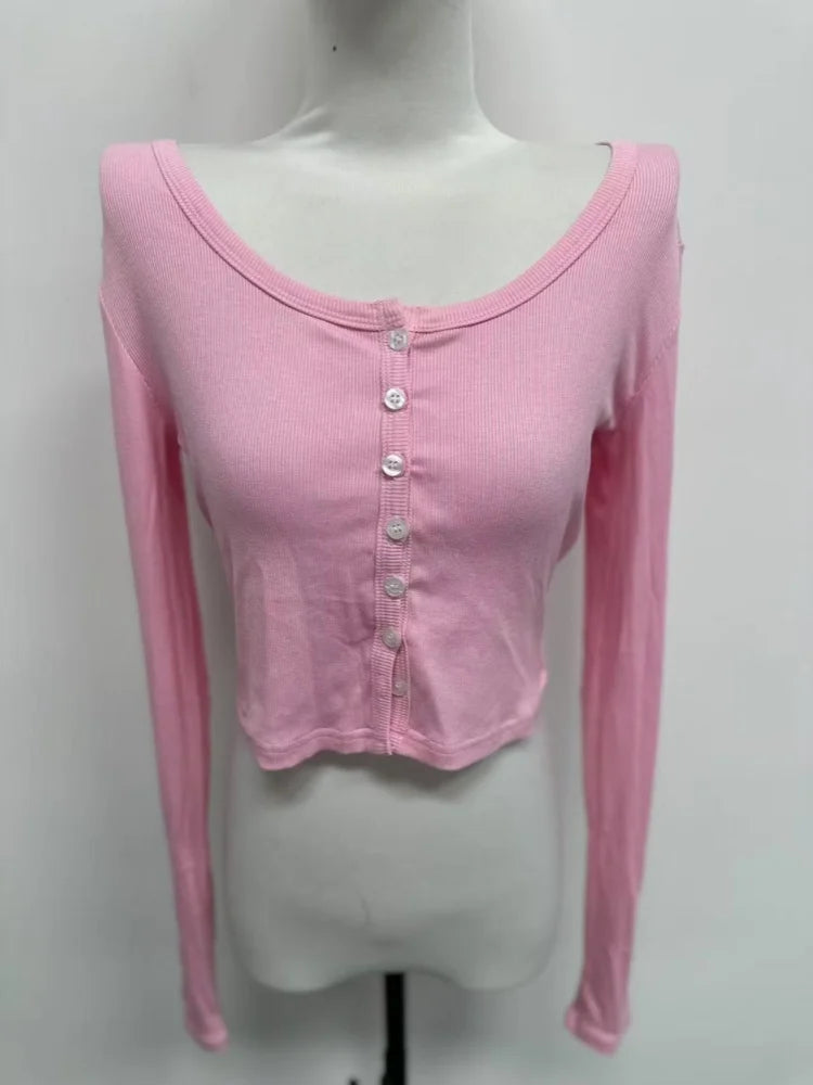 Einreiher T-shirt Langarm Crop Top Einfarbig T Shirts Für Frauen Streetwear Slim Fit Dame Outfit Camisetas Ropa Mujer