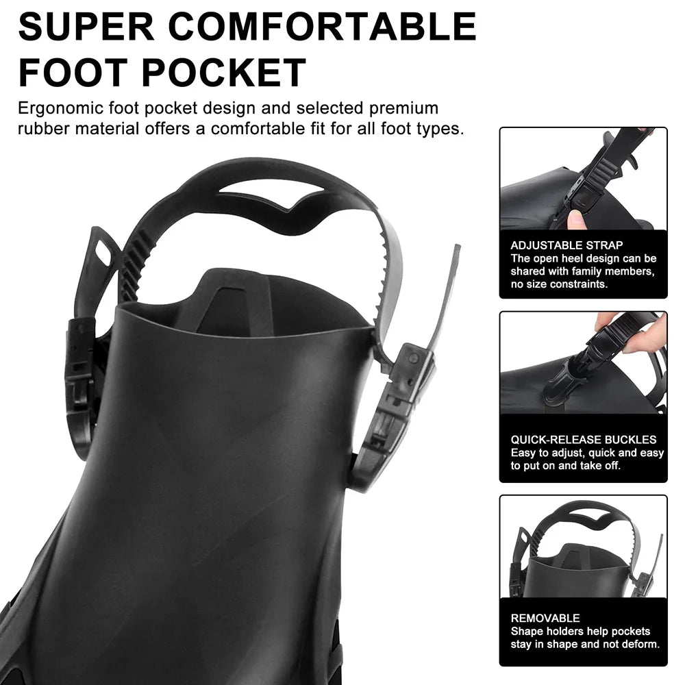 Schnorchelflossen, Schwimmflossen, kurze Tauch-Froschschuhe, Entenwebe, verstellbares Silikon, Reisegröße, offener Absatz, für Erwachsene, Männer, Frauen, Jugendliche, Kinder