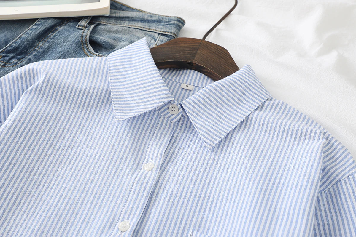 Einfache weiß blau rot gestreifte Hemd Frauen Frühling neue weibliche lässige Langarm Blusen und Tops Mode Damen Kleidung