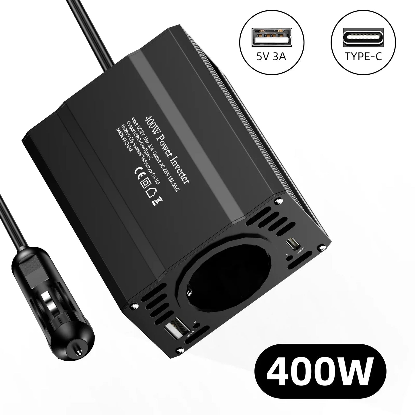 400 W/500 W Auto-Wechselrichter DC 12 V auf AC 220 V Konverter, 3 USB 2.0 und 1 USB QC3.0 Steckdose nach europäischem Standard