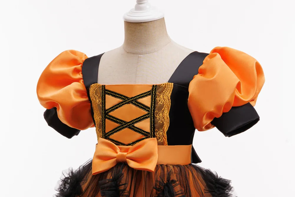 Halloween-Kostüm für Mädchen, Cosplay, Performance, Kinderkleid, orangefarbenes Kleid + Kürbis, komplettes Set an Kostümen für besondere Anlässe