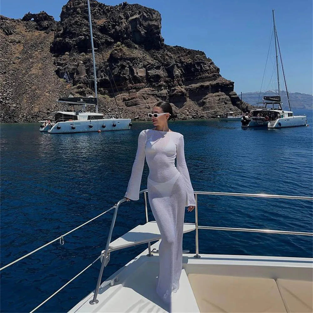 Mode Frauen Eingewickelt Kleid Langarm Rundhals Durchsichtig Sonnencreme Einfarbig Backless Strand Langes Kleid Sommer Cover Up