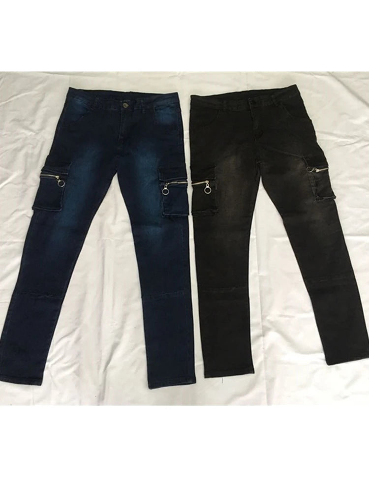 Jeans Männer Denim Cargo Hosen Waschen Einfarbig Multi Taschen Casual Mittlere Taille Hosen Straße Elasti Slim Fit Täglichen Tragen Jogger