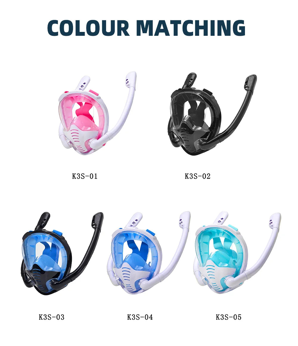 Vollgesichts-Schnorchelmaske 180 ° Panoramablick, Silikon-Schnorchel-, Tauch- und Schwimmbrille mit trockenem Oberteil und 2 Schnorcheln, beschlagfrei und auslaufsicher