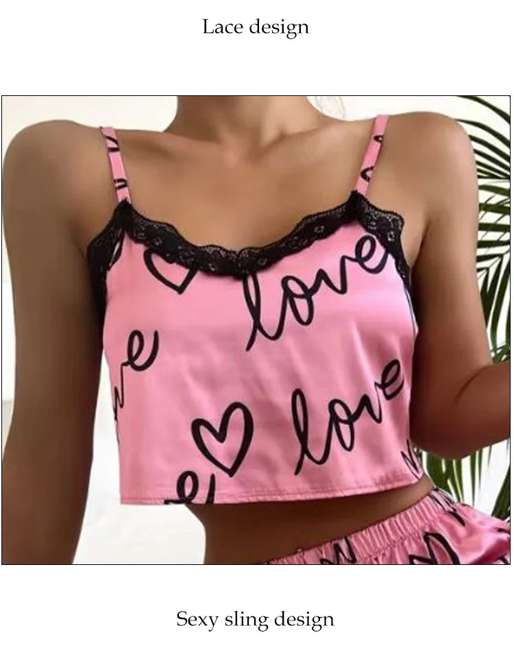 2 Stück Set Damen Pyjama Shorts Anzug Homewear Print Unterwäsche Pijama sexy Dessous Leibchen Panzer für Damen Nachtwäsche