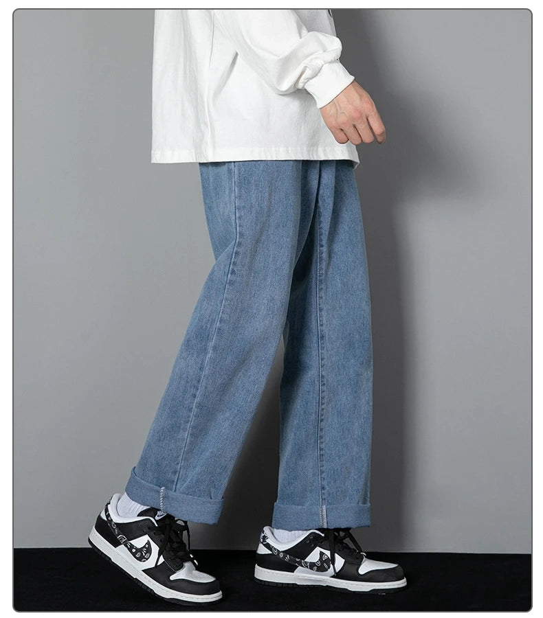 2025 neue Koreanische männer Casual Lange Jeans Klassische Mann Gerade Denim Breite bein Hosen Einfarbig Hellblau grau Schwarz
