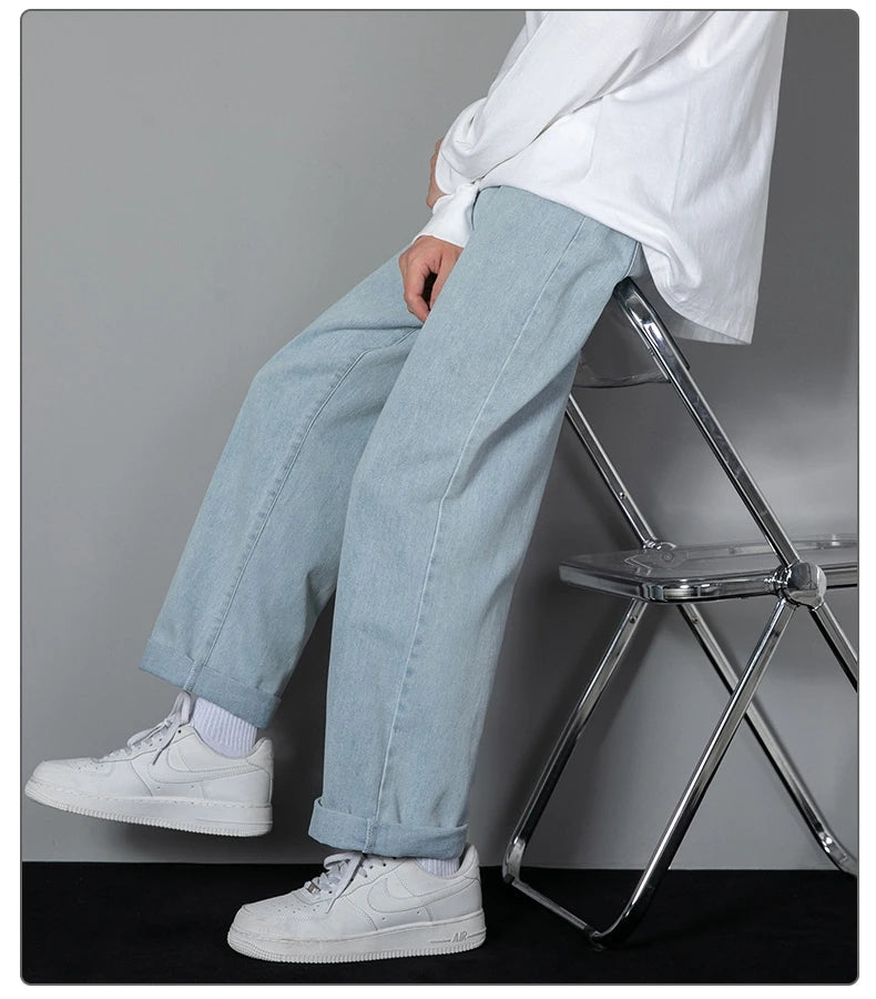 2025 neue Koreanische männer Casual Lange Jeans Klassische Mann Gerade Denim Breite bein Hosen Einfarbig Hellblau grau Schwarz