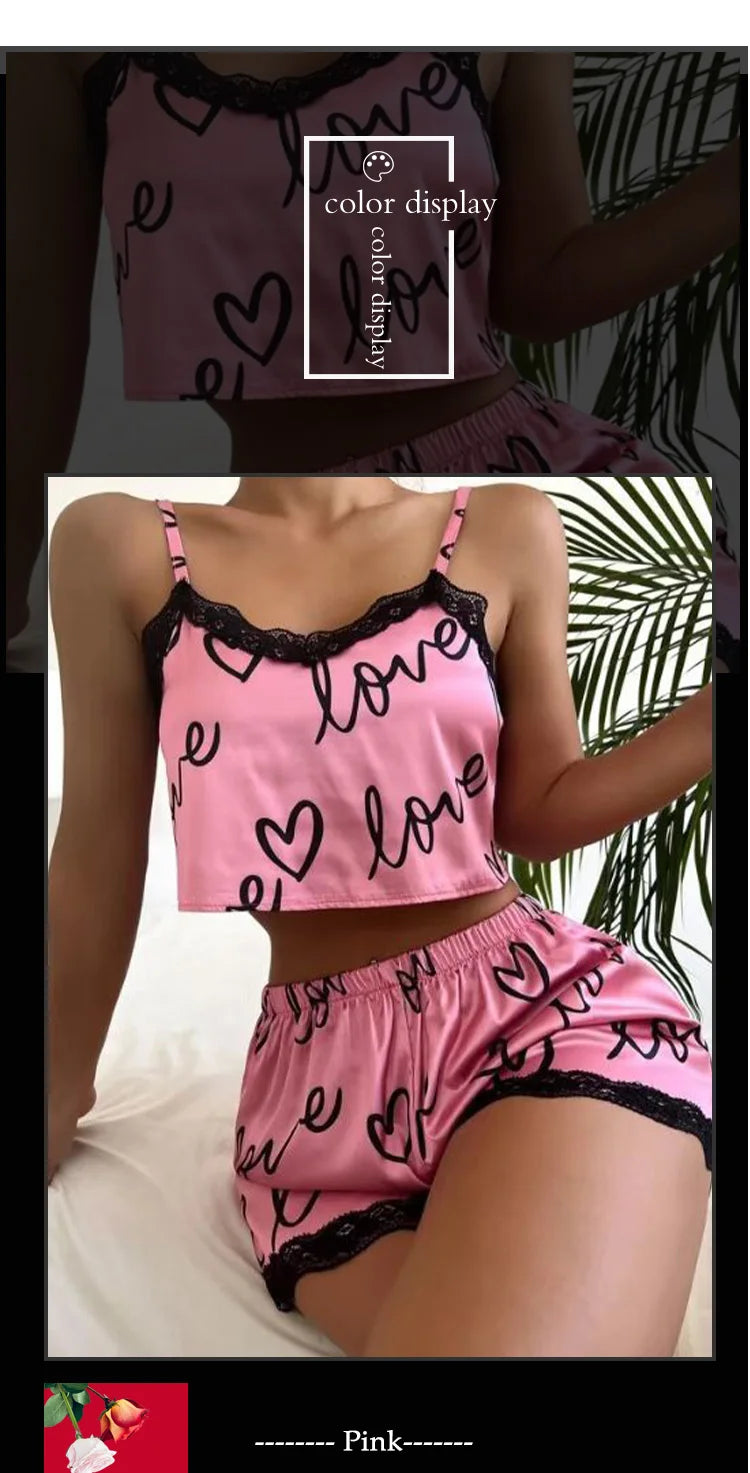 2 Stück Set Damen Pyjama Shorts Anzug Homewear Print Unterwäsche Pijama sexy Dessous Leibchen Panzer für Damen Nachtwäsche