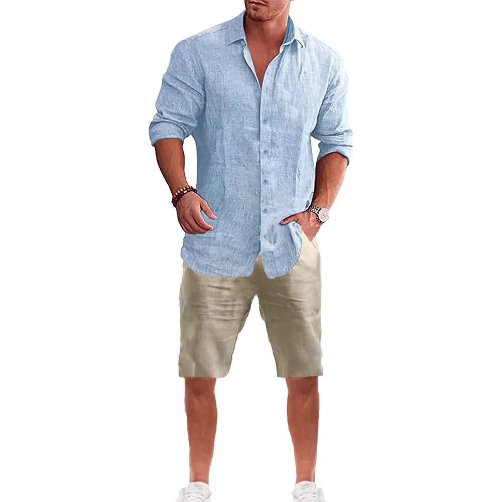 Männer Langarm Hemd Anzug Casual Einfachen Stil Revers Kragen Leichte Atmungsaktive Outfit Männliche Mode Sets Frühling Sommer