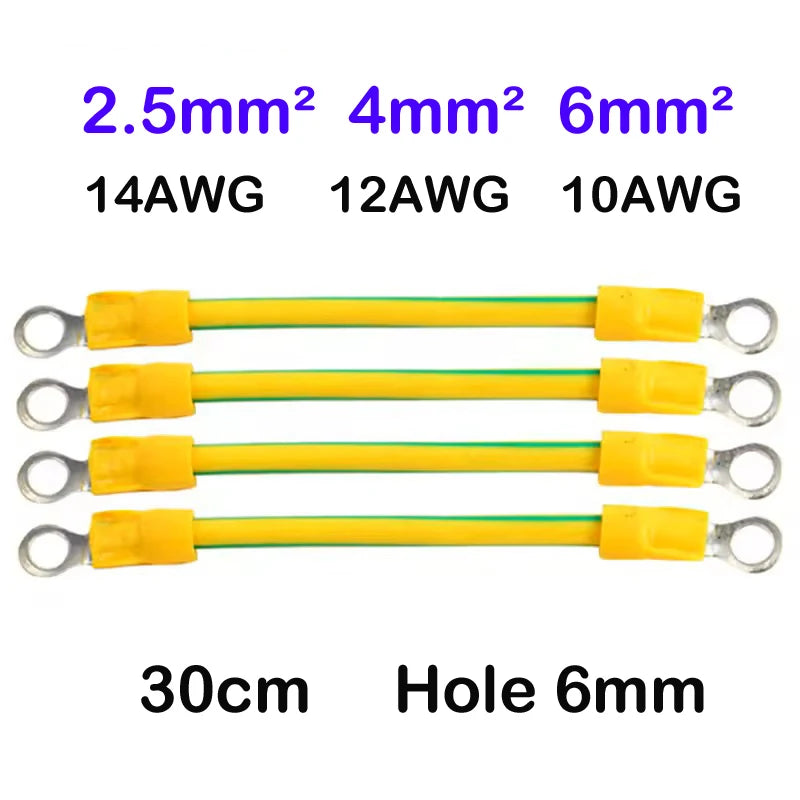 10AWG 12AWG 14AWG Solar-PV-Erdungskabel mit Anschluss 2,5 mm, 4 mm, 6 mm Erdungsdrahtloch, 6 mm gelb-grünes flexibles Kupfer-Erdungskabel