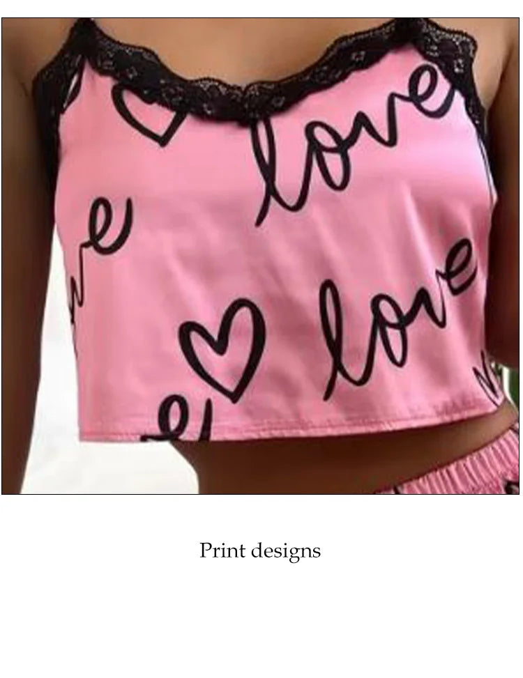 2 Stück Set Damen Pyjama Shorts Anzug Homewear Print Unterwäsche Pijama sexy Dessous Leibchen Panzer für Damen Nachtwäsche