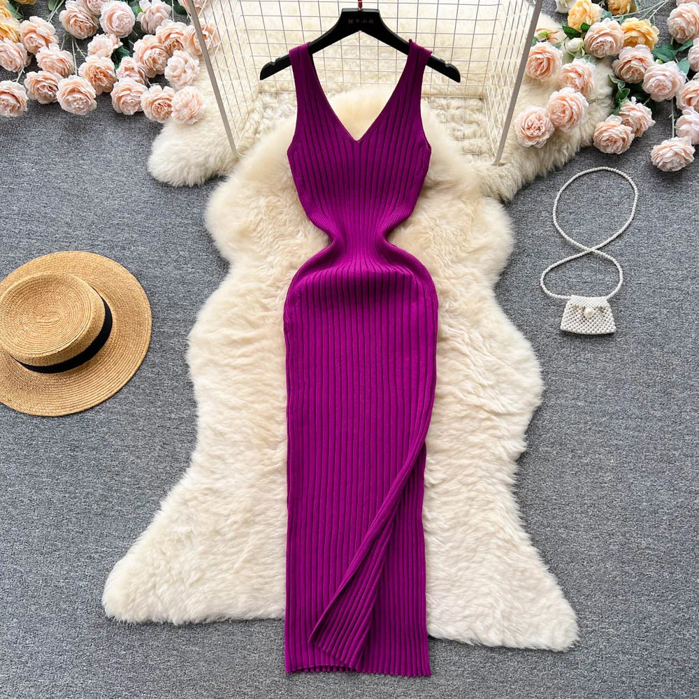 YuooMuoo Chic Mode Sexy Wrap Hüften Split Gestrickte Herbst Kleid Frauen Dünne Elastische Bodycon Langes Kleid Streetwear Outfits Vestido