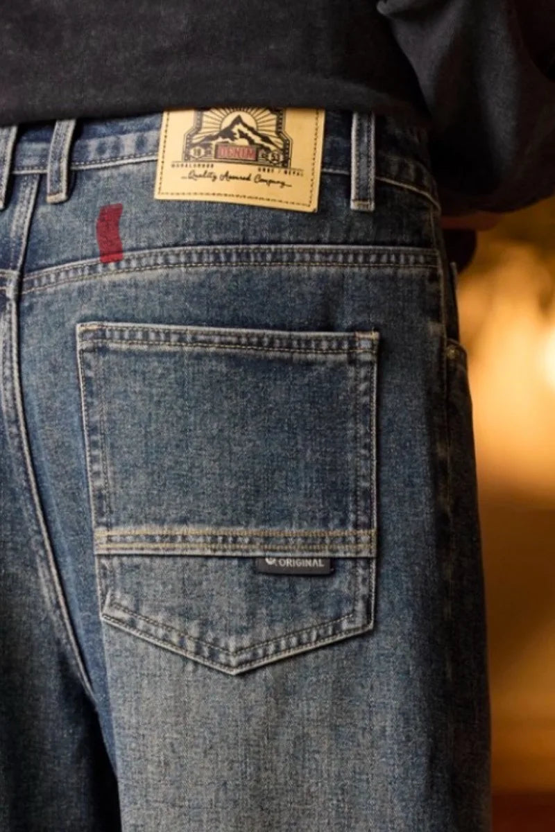 Herren-Jeans mit elastischem Bund, entspannte Passform, blaue Herrenjeans mit elastischem Bund, Reißverschluss und Knopf