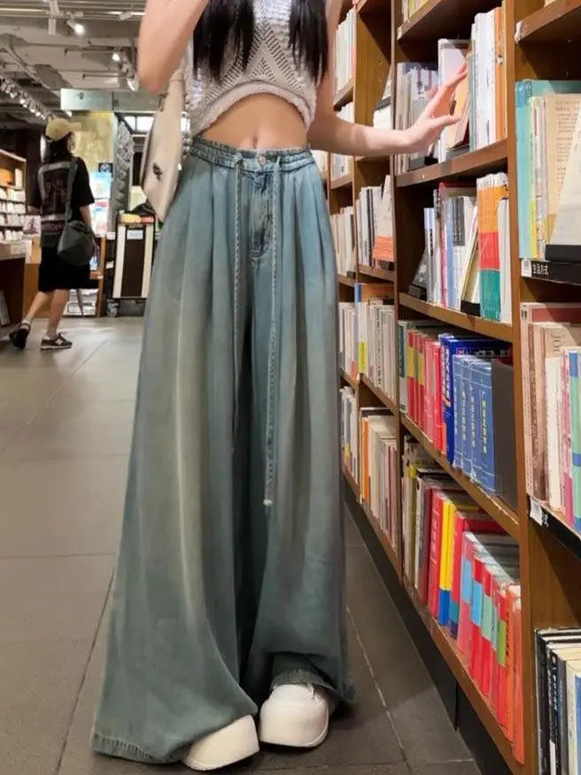 Jeans 2024, Sommer, neu, drapiert, weite Beine, elastisch und vielseitig, trendige, vielseitige Hose, Boyfriend-Jeans für Damen, Hosen für Damen