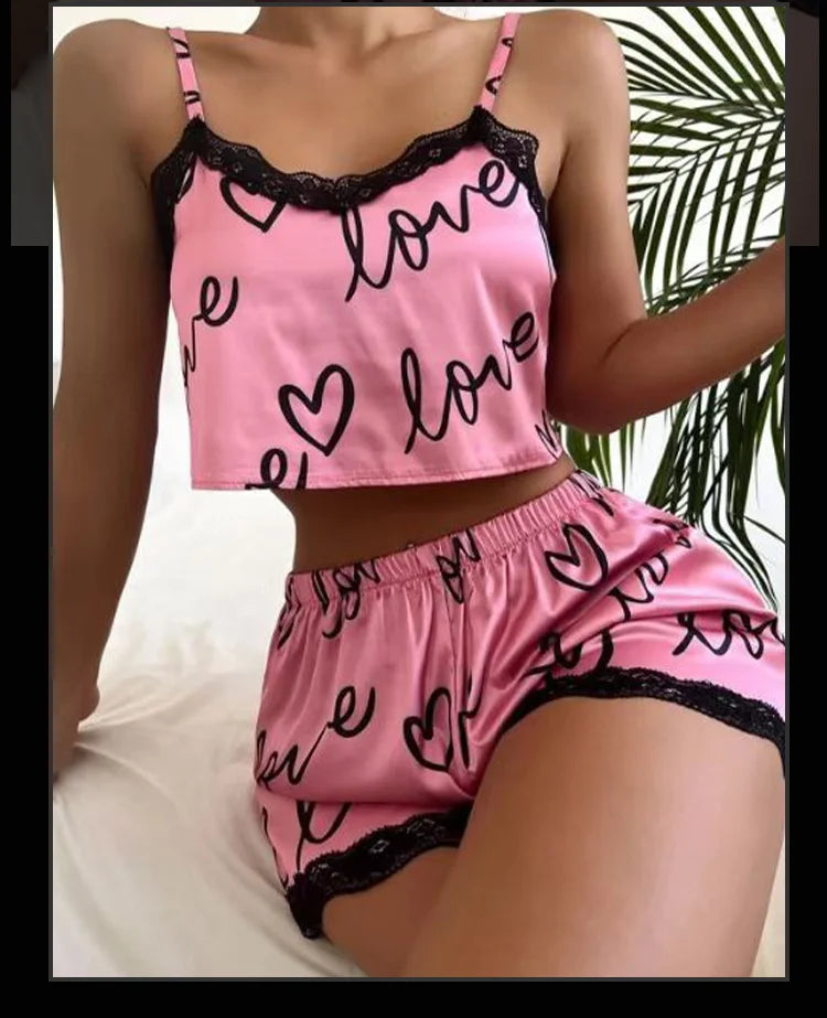 2 Stück Set Damen Pyjama Shorts Anzug Homewear Print Unterwäsche Pijama sexy Dessous Leibchen Panzer für Damen Nachtwäsche