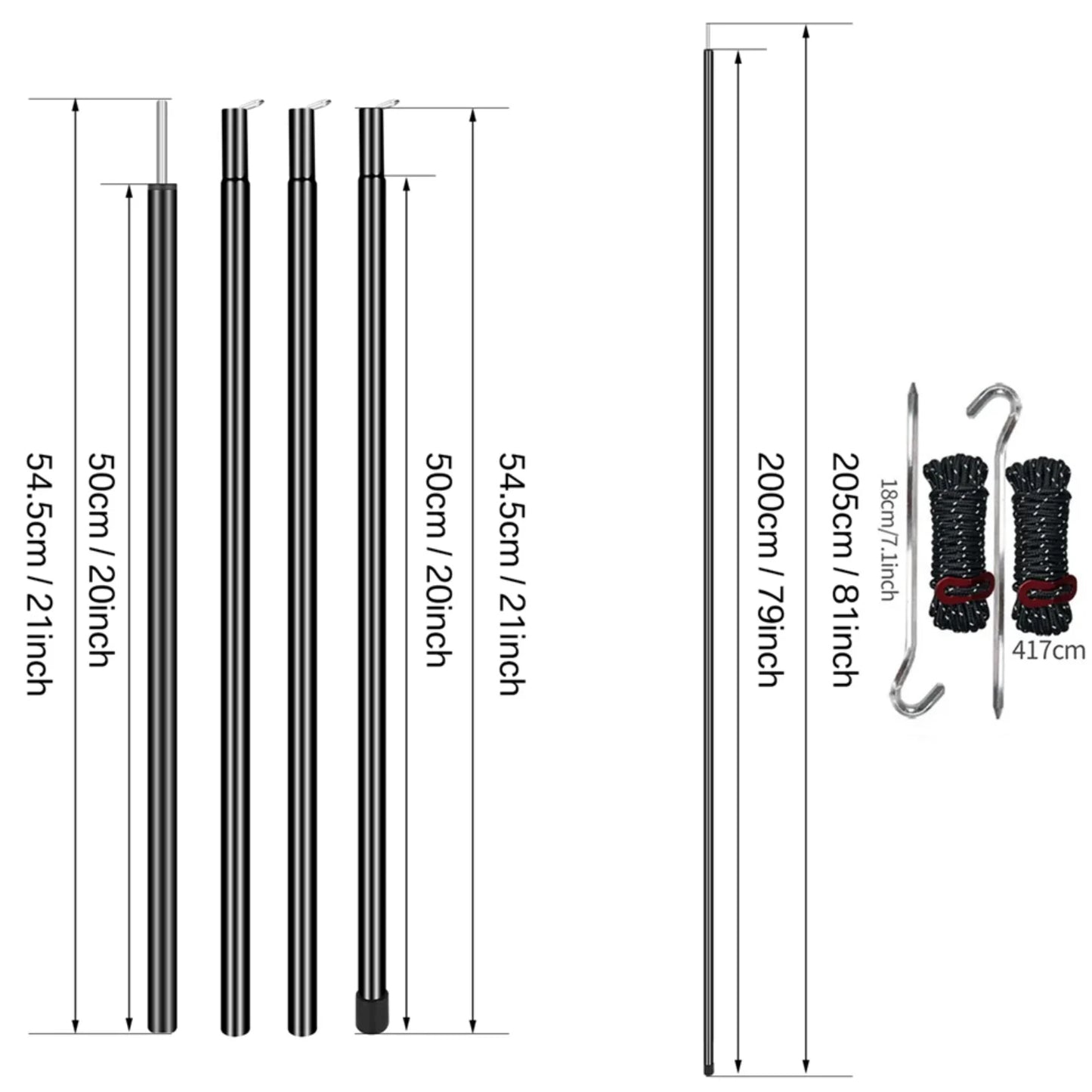 2 m Teleskop-Zeltstangen-Set mit 2 leichten, verstellbaren Trekking-Camping-Klappstangen für Spaziergänge, Überdachung, Wandern