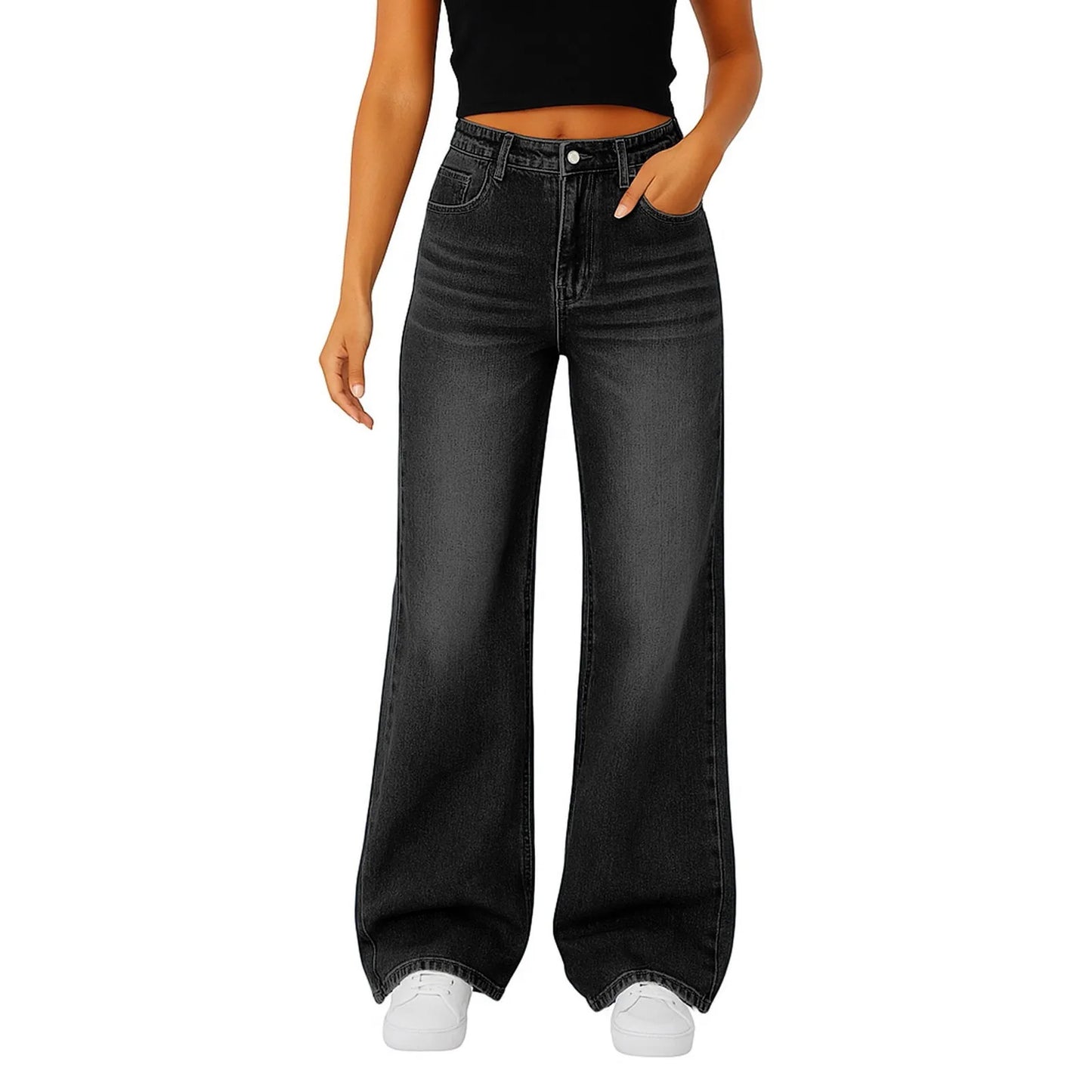 Jeans mit weitem Bein für Damen, hellblau, hohe Taille, schlichtes Design, modische Hose, locker sitzende Hose mit hohem Bund, geeignet für den Alltag