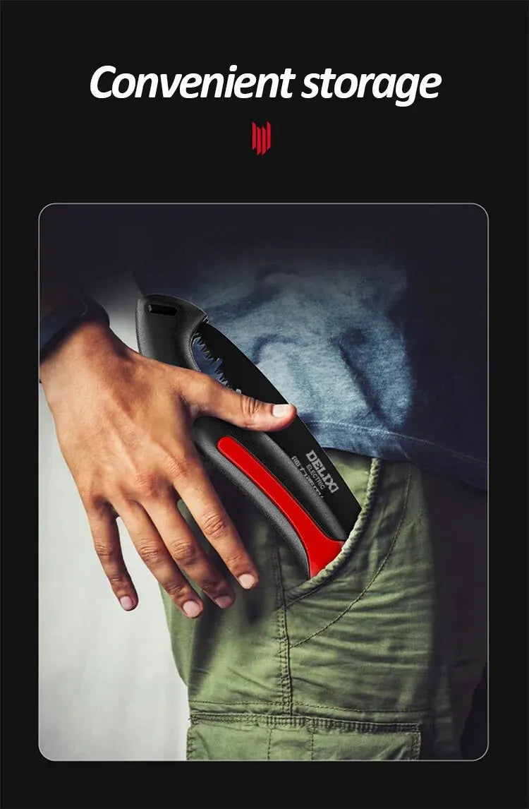 DELIXI ELEKTRISCHE Klappsäge, Ein-Knopf-Klappdesign aus SK5-Stahl, scharfes Schneiden von Holz, Camping-DIY, Gartensäge, Baumhackermesser