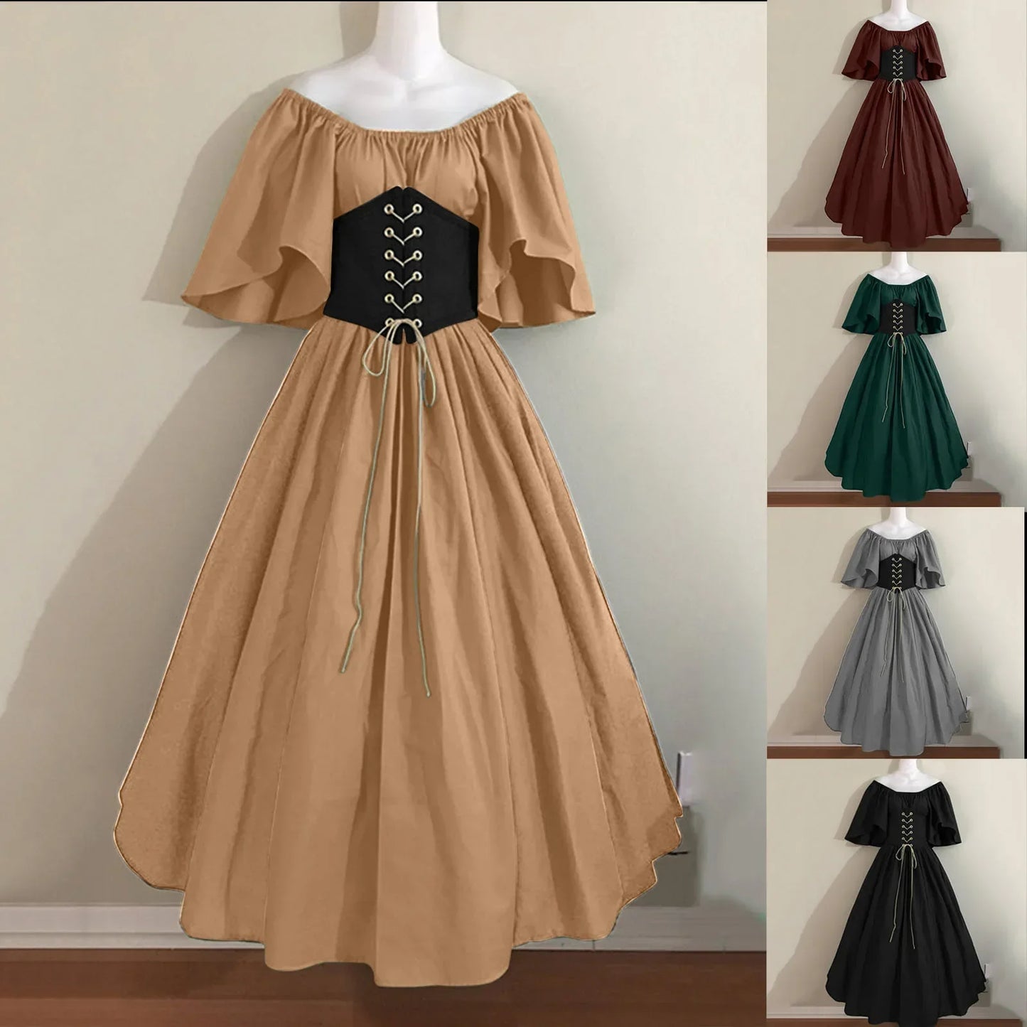 Halloween-Kostüme für Damen, mittelalterlich, Retro, Kontrastfarbe, schmales Swing-Kleid, Ein-Wort-Schulterkleid, Love Live Cosplay