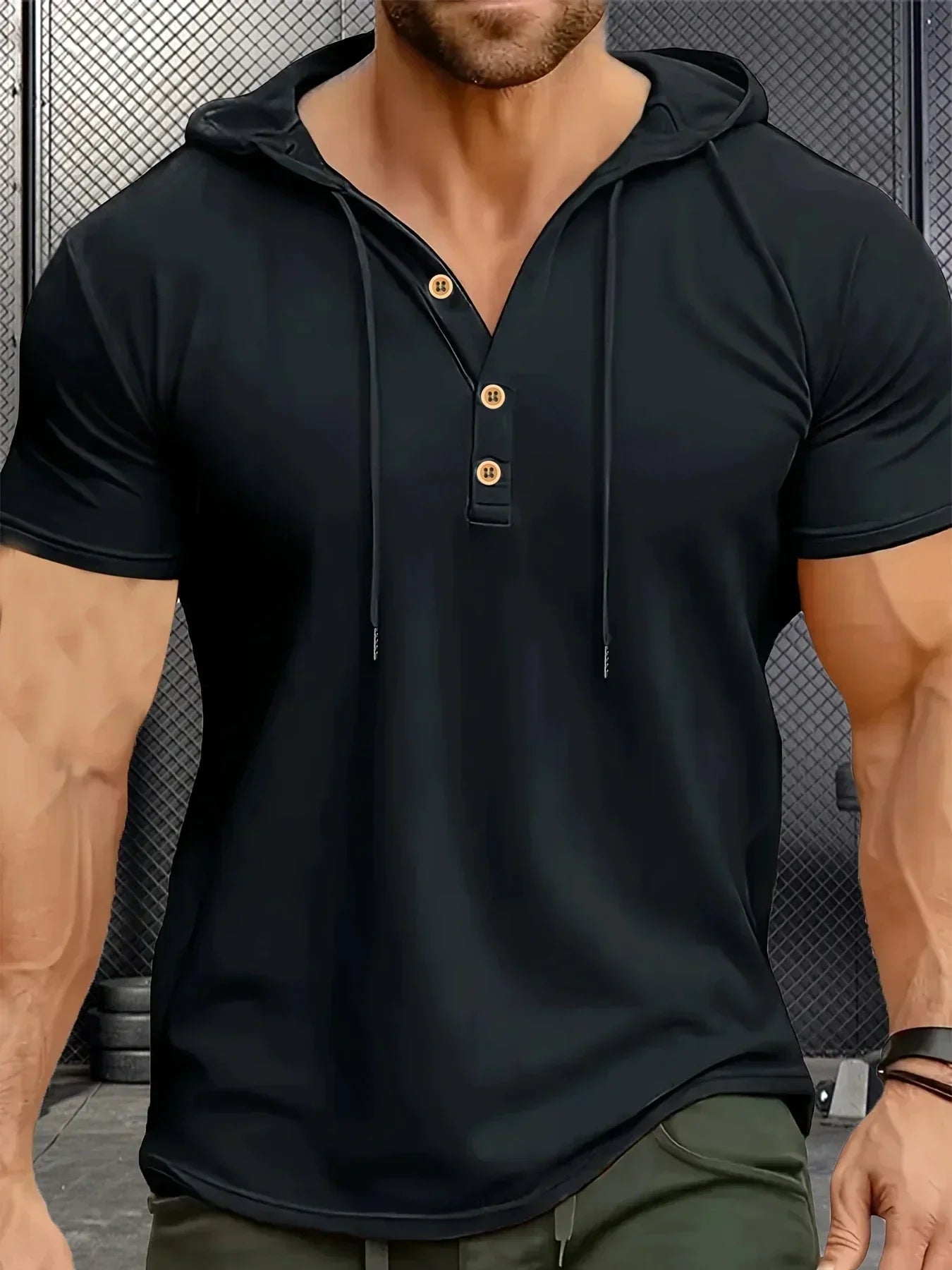 Herren T-Shirt Sommer Slim Fitness Kapuzen Kurzarm T-Shirts Männlich Leichter Hoodie Fitness Atmungsaktive Sport Tops