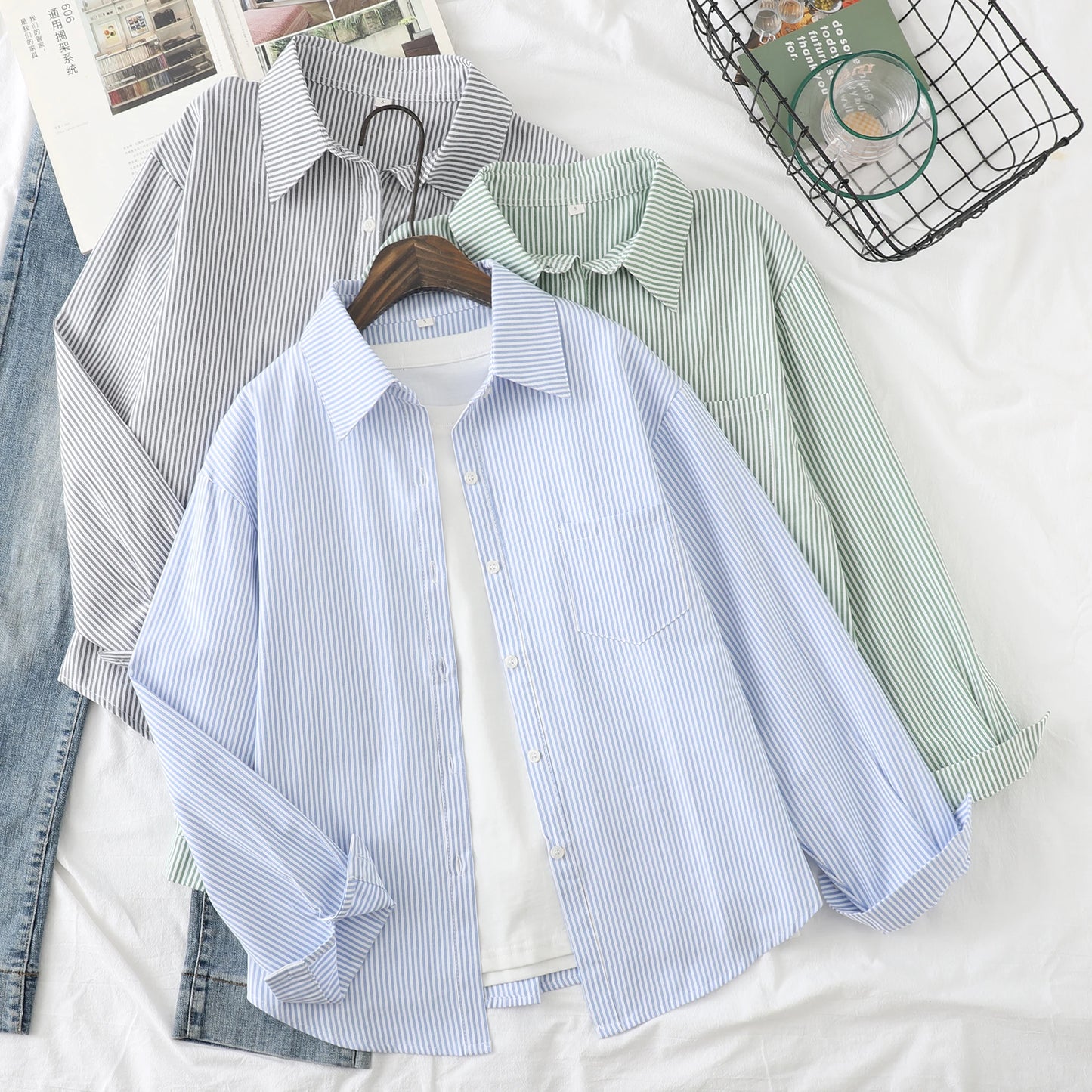 Einfache weiß blau rot gestreifte Hemd Frauen Frühling neue weibliche lässige Langarm Blusen und Tops Mode Damen Kleidung