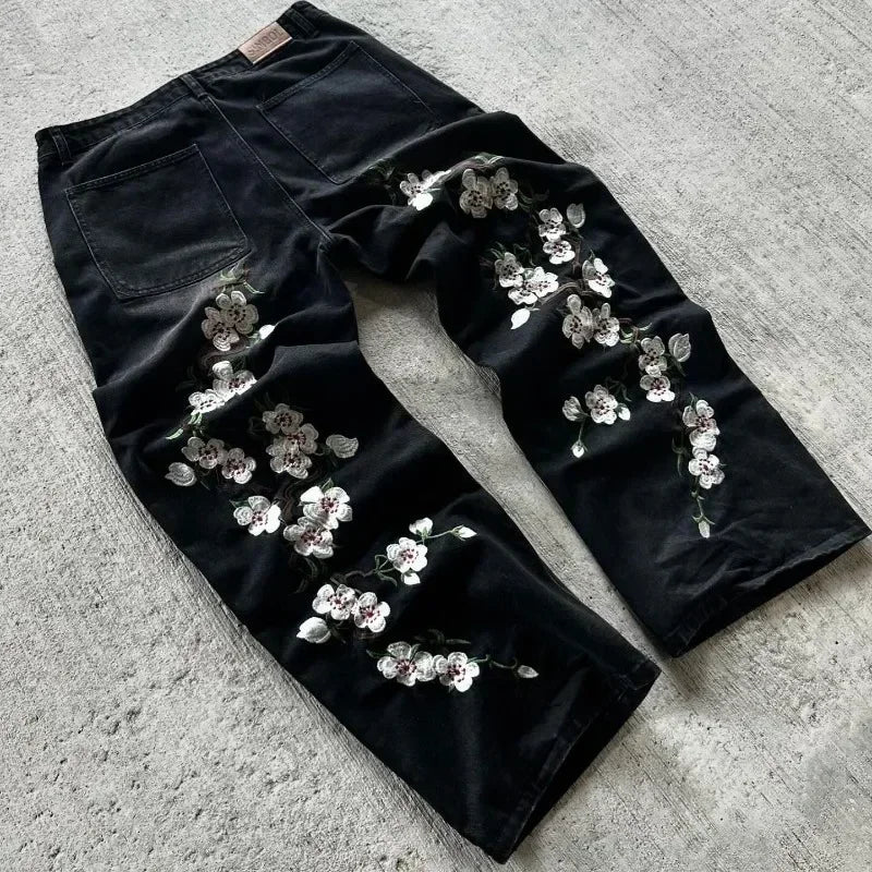 Hip Hop Kirschblüten bestickte Jeans Vintage niedrige Taille weites Bein Hose Y2K Kleidung Herren Damen bestickte Baggy Jeans