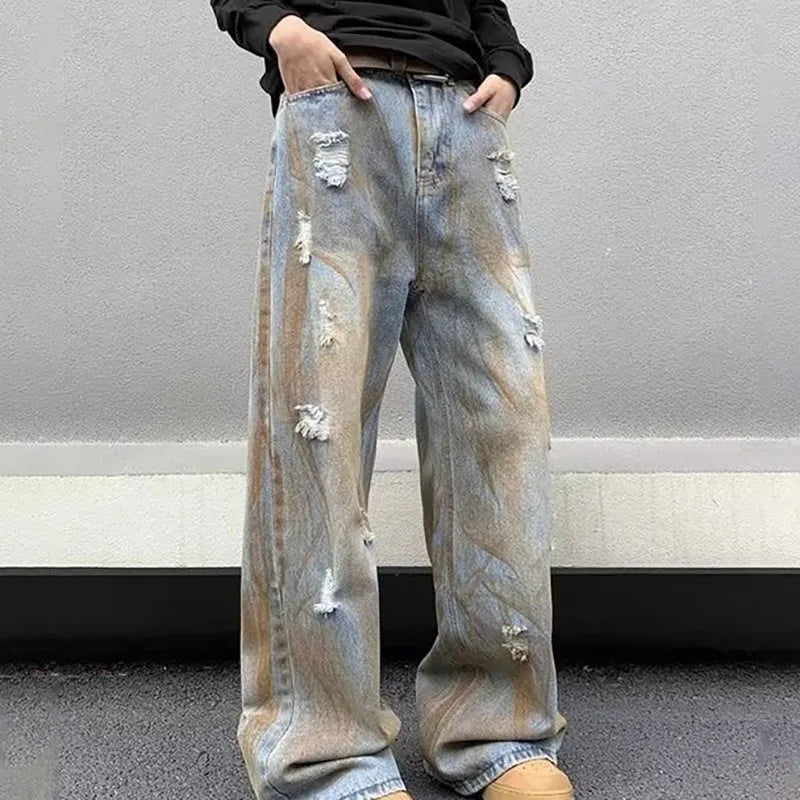 Japanische Jeans mit geradem Bein für Herren, lockere Hose mit weitem Bein, modische, lässige, zerrissene Jeans, Vintage-Y2k-Jeans