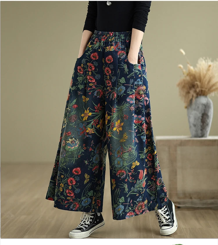 Jeans Blume Floral Print Herbst Breite Bein Hose Frauen Lose Gefaltete Mode Damen Übergroßen Hosen Elastische Taille Frau Hosen