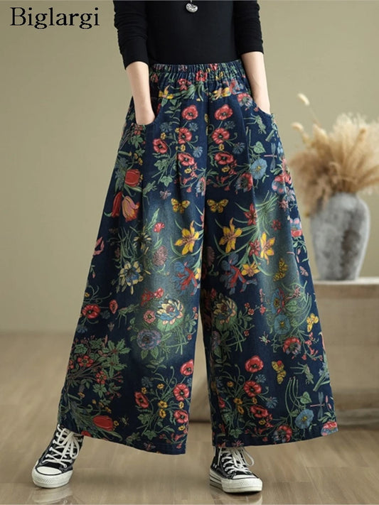 Jeans Blume Floral Print Herbst Breite Bein Hose Frauen Lose Gefaltete Mode Damen Übergroßen Hosen Elastische Taille Frau Hosen