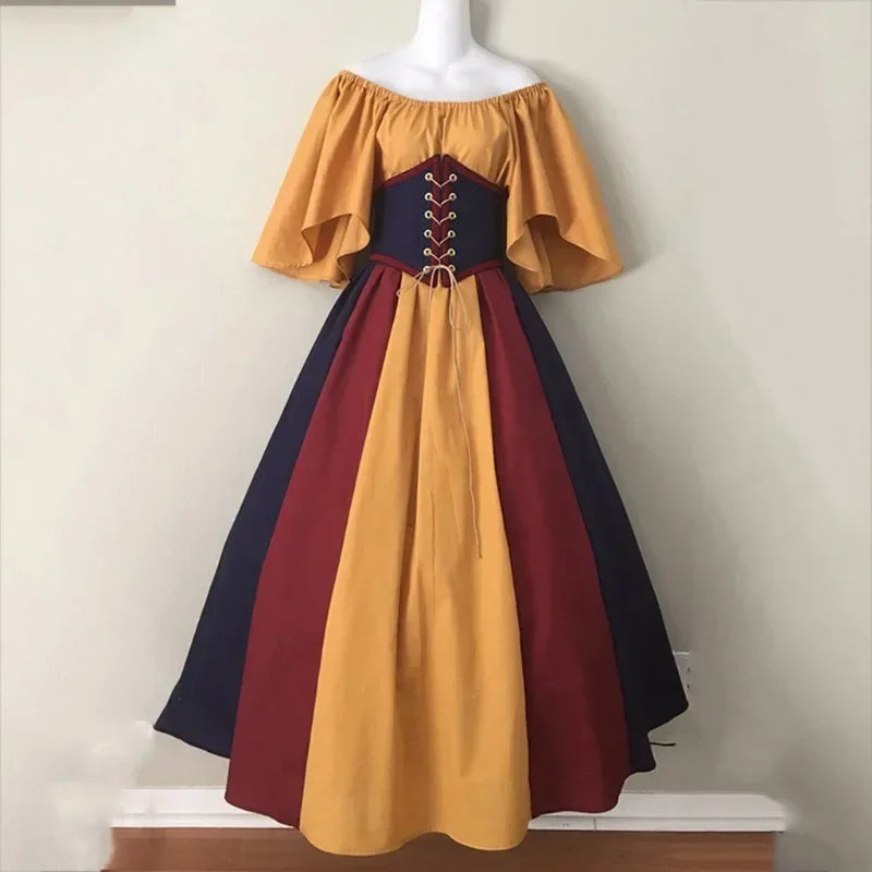 Halloween-Kostüme für Damen, mittelalterlich, Retro, Kontrastfarbe, schmales Swing-Kleid, Ein-Wort-Schulterkleid, Love Live Cosplay
