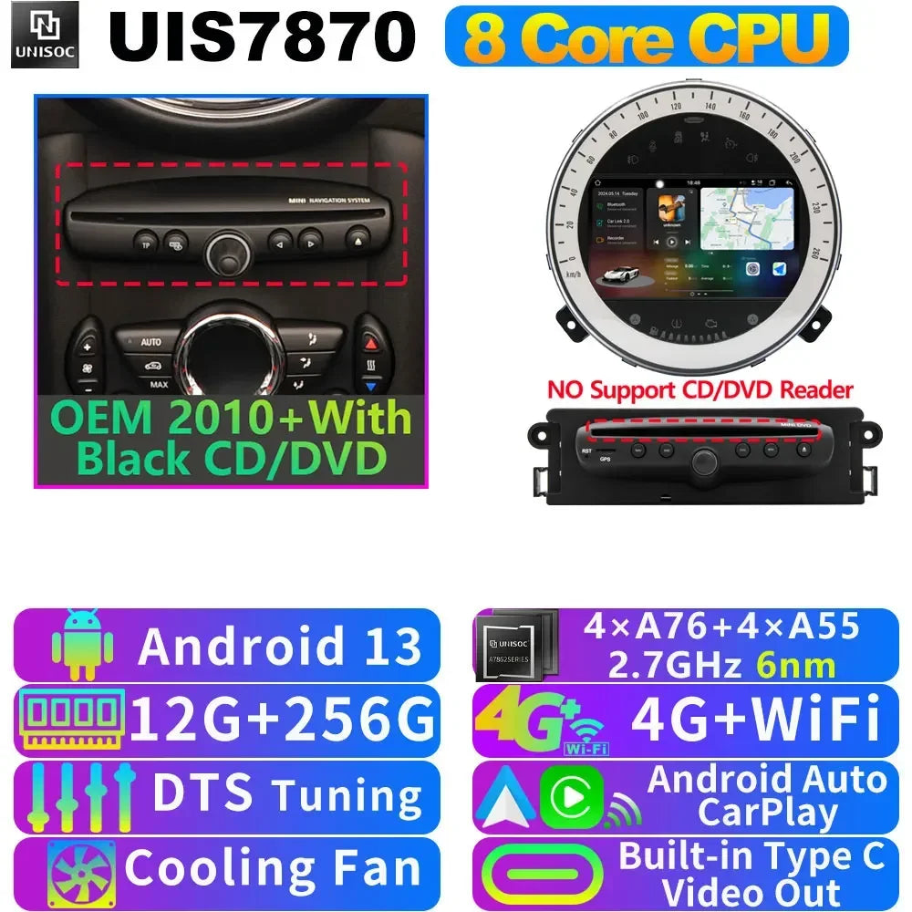 UIS7870 6nm 12G + 256G Android 13 Auto GPS Radio Player Für BMW Mini Cooper R55 R56 R57 R58 R59 R60 2010-2016 CarPlay Video Stereo