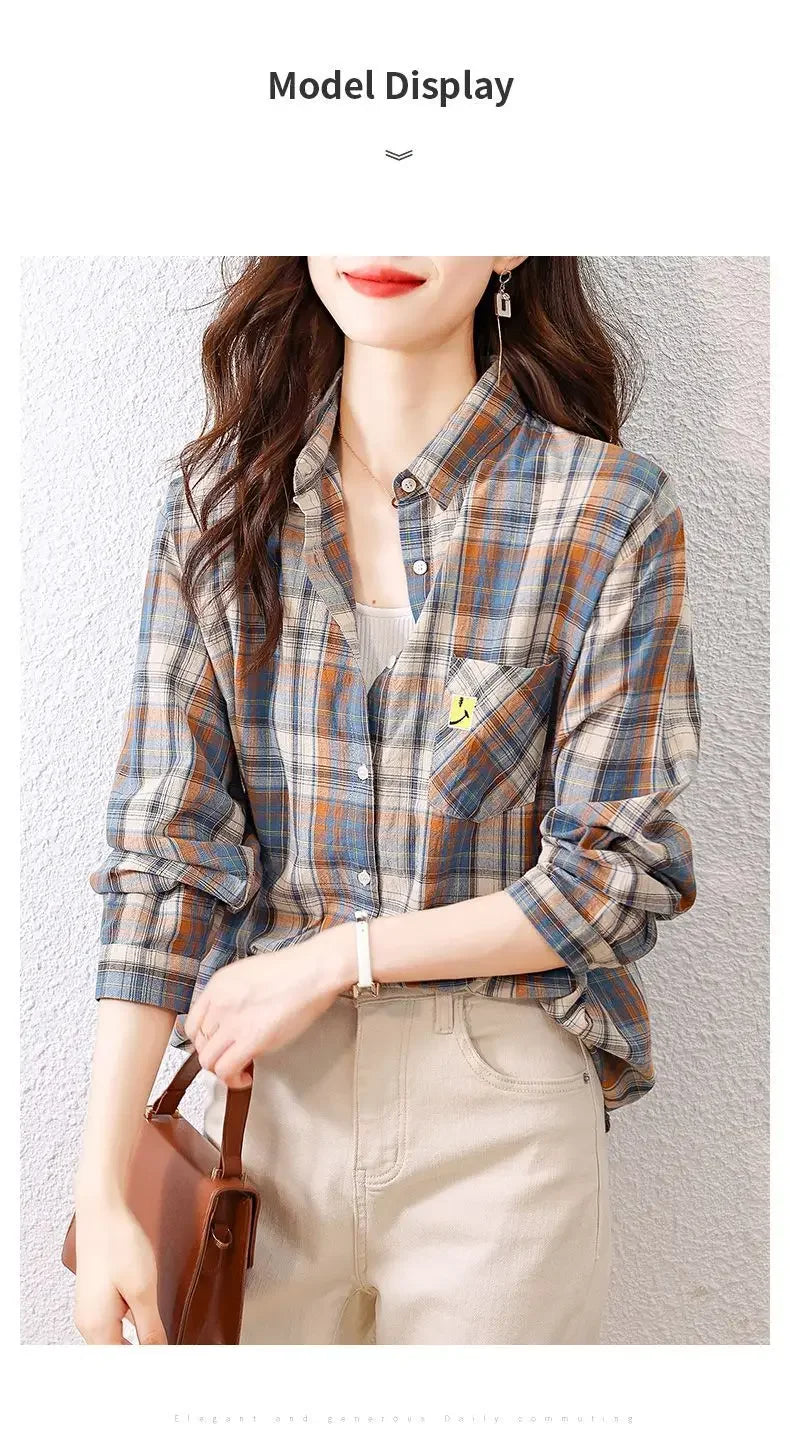 Kariertes Hemd für Frauen im Frühjahr und Herbst neues modisches und Retro-Hemd aus reiner Baumwolle, getragen mit einem fremden
