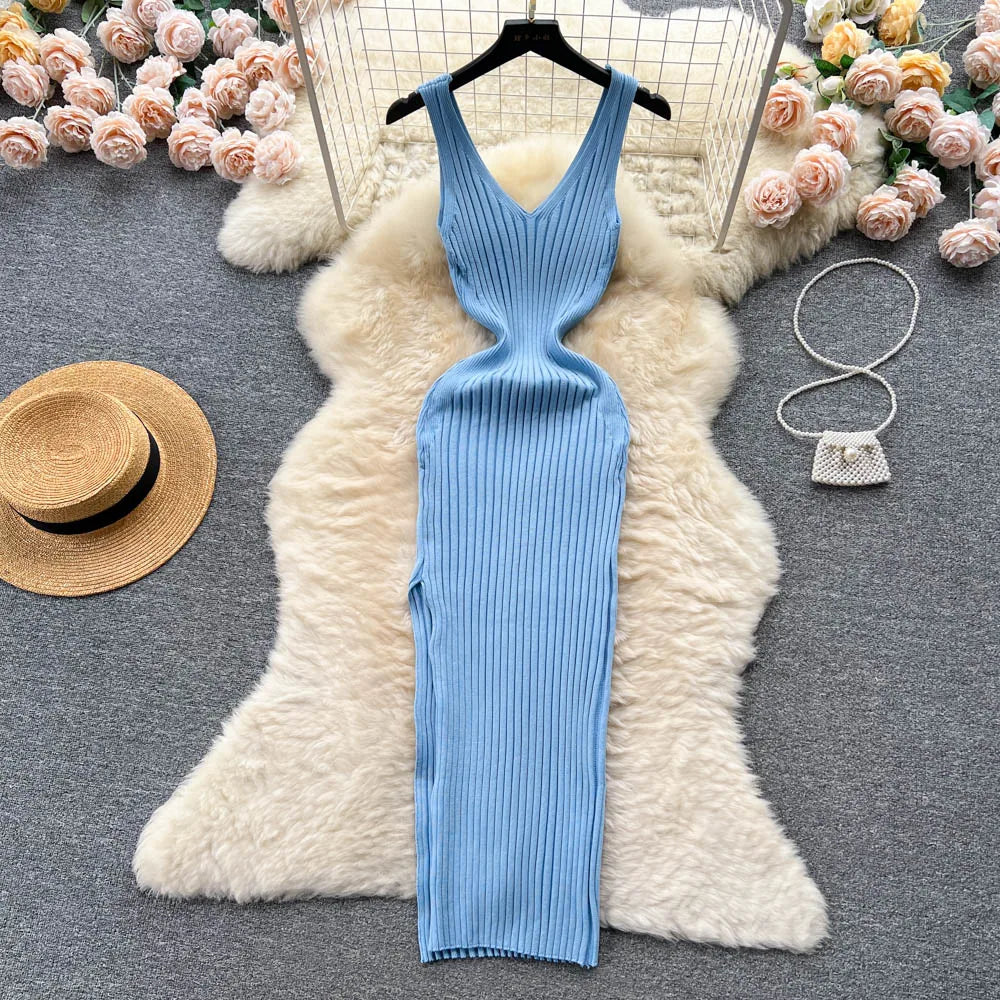 YuooMuoo Chic Mode Sexy Wrap Hüften Split Gestrickte Herbst Kleid Frauen Dünne Elastische Bodycon Langes Kleid Streetwear Outfits Vestido