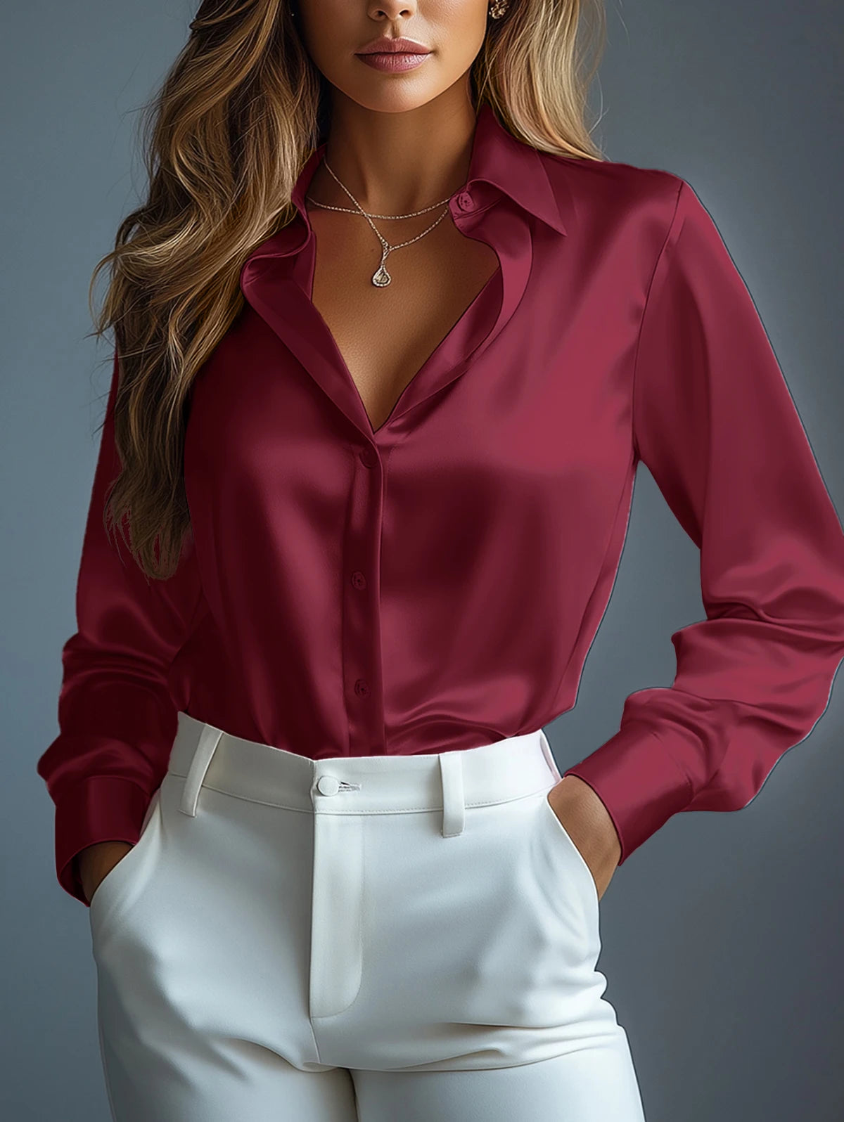 Damen-Satin-Hemden, elegant, schlicht, langärmelig, Bluse, Bürodame, Button-Up-Hemd, Oberteil, weiblich, Rundhalsausschnitt, Bluse, Herbst 2025,