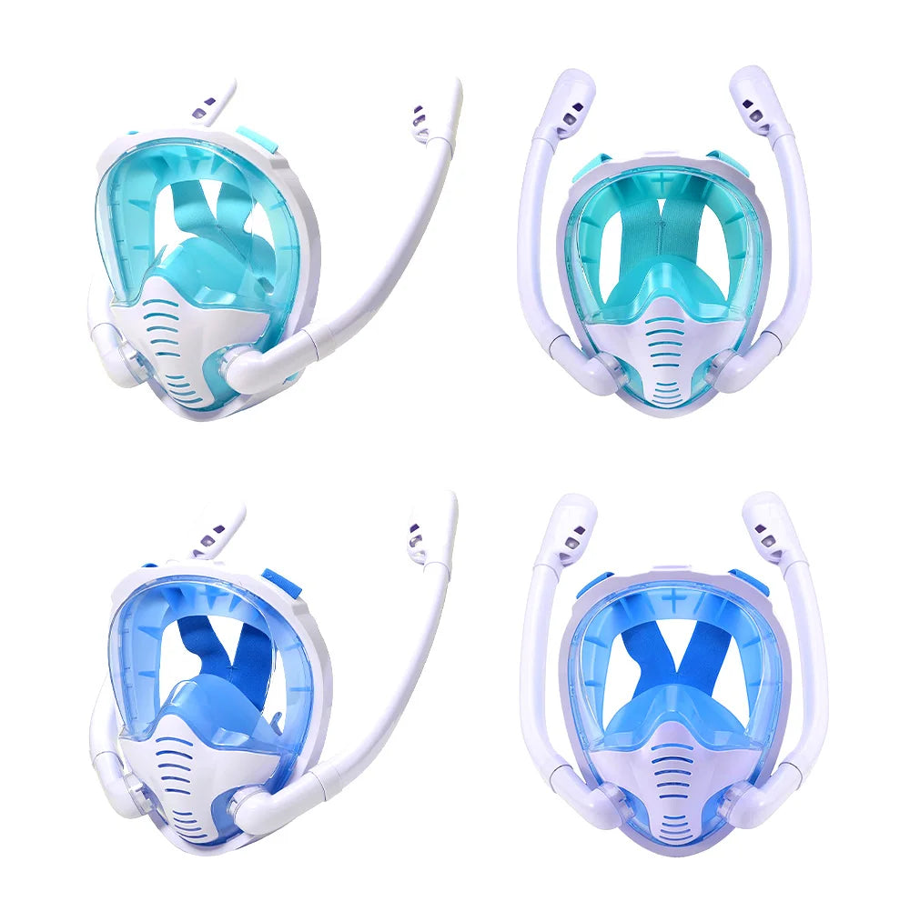 Vollgesichts-Schnorchelmaske 180 ° Panoramablick, Silikon-Schnorchel-, Tauch- und Schwimmbrille mit trockenem Oberteil und 2 Schnorcheln, beschlagfrei und auslaufsicher