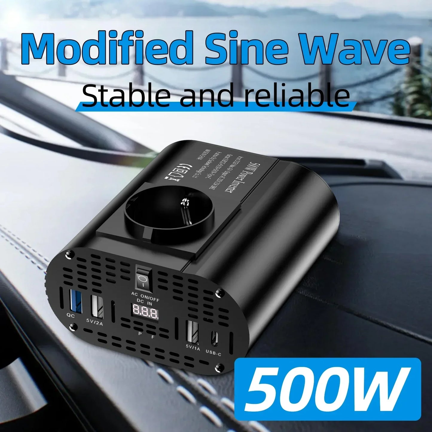 400 W/500 W Auto-Wechselrichter DC 12 V auf AC 220 V Konverter, 3 USB 2.0 und 1 USB QC3.0 Steckdose nach europäischem Standard