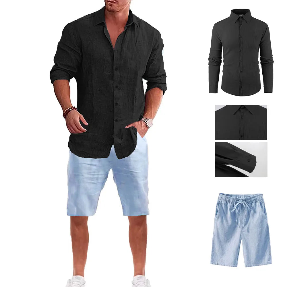 Männer Langarm Hemd Anzug Casual Einfachen Stil Revers Kragen Leichte Atmungsaktive Outfit Männliche Mode Sets Frühling Sommer