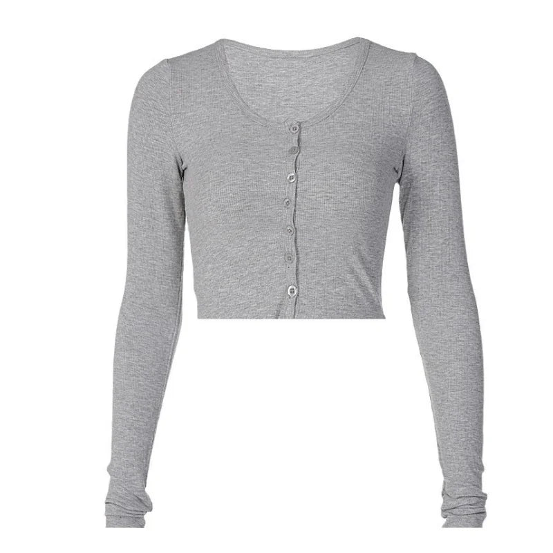 Einreiher T-shirt Langarm Crop Top Einfarbig T Shirts Für Frauen Streetwear Slim Fit Dame Outfit Camisetas Ropa Mujer