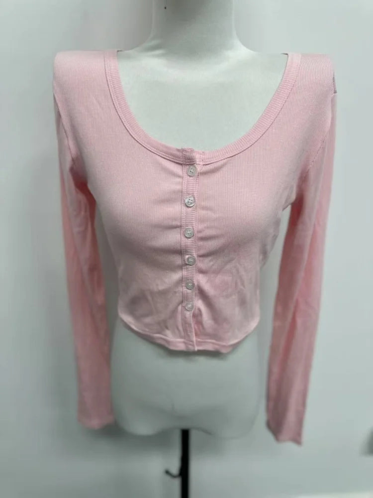 Einreiher T-shirt Langarm Crop Top Einfarbig T Shirts Für Frauen Streetwear Slim Fit Dame Outfit Camisetas Ropa Mujer