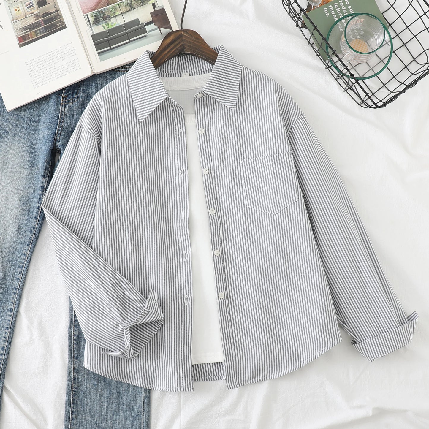 Einfache weiß blau rot gestreifte Hemd Frauen Frühling neue weibliche lässige Langarm Blusen und Tops Mode Damen Kleidung