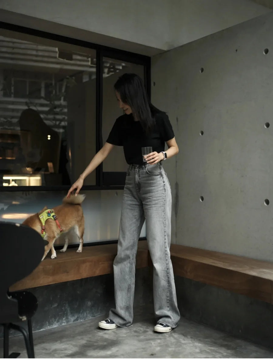 ETJ Damen-Jeans mit weitem Bein und hoher Taille, klassisch, alles mit fünf Taschen, gewaschen, weich, bequem, ultralange Jeans6045022