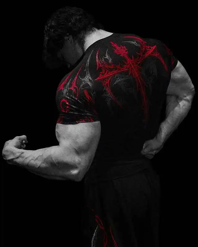 GYM-T-Shirt für Herren, dunkler Gothic-Druck, Muskel-T-Shirt, hohe Elastizität und schnell trocknende Übung für Bodybuilding-Training, 2025, Sommer
