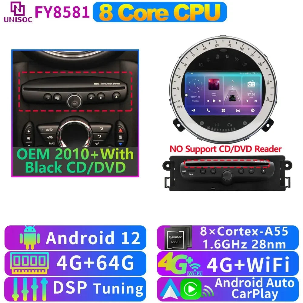 UIS7870 6nm 12G + 256G Android 13 Auto GPS Radio Player Für BMW Mini Cooper R55 R56 R57 R58 R59 R60 2010-2016 CarPlay Video Stereo