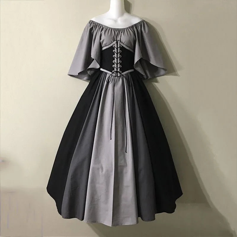 Halloween-Kostüme für Damen, mittelalterlich, Retro, Kontrastfarbe, schmales Swing-Kleid, Ein-Wort-Schulterkleid, Love Live Cosplay