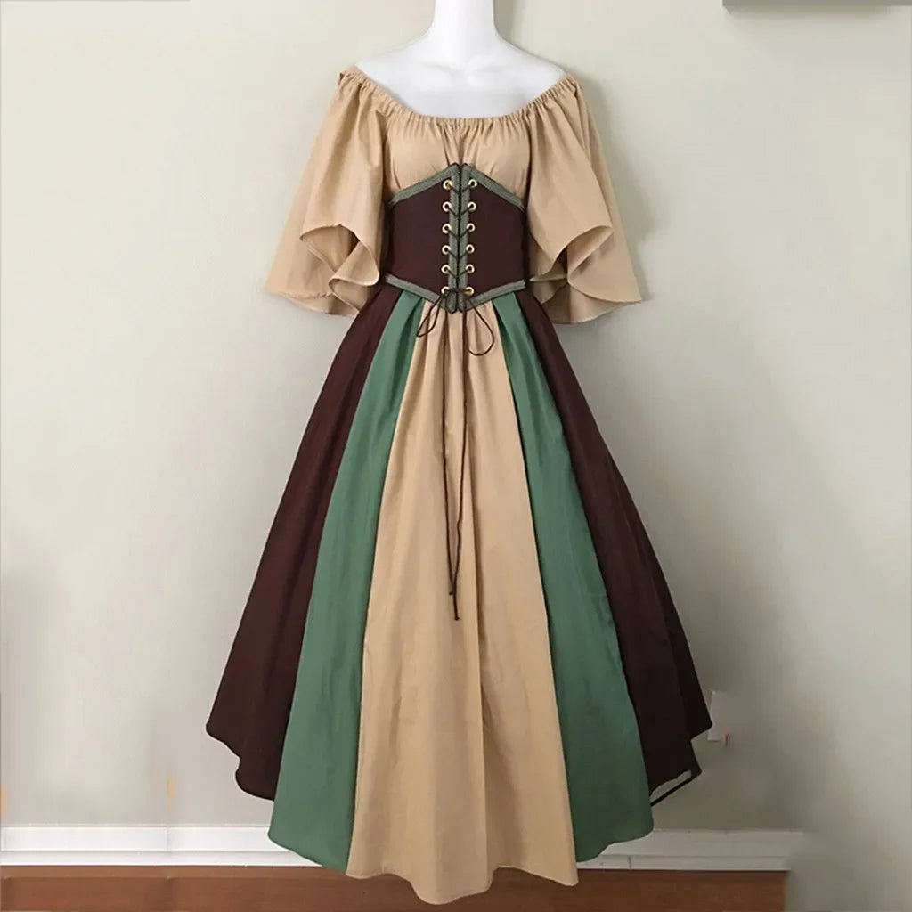 Halloween-Kostüme für Damen, mittelalterlich, Retro, Kontrastfarbe, schmales Swing-Kleid, Ein-Wort-Schulterkleid, Love Live Cosplay