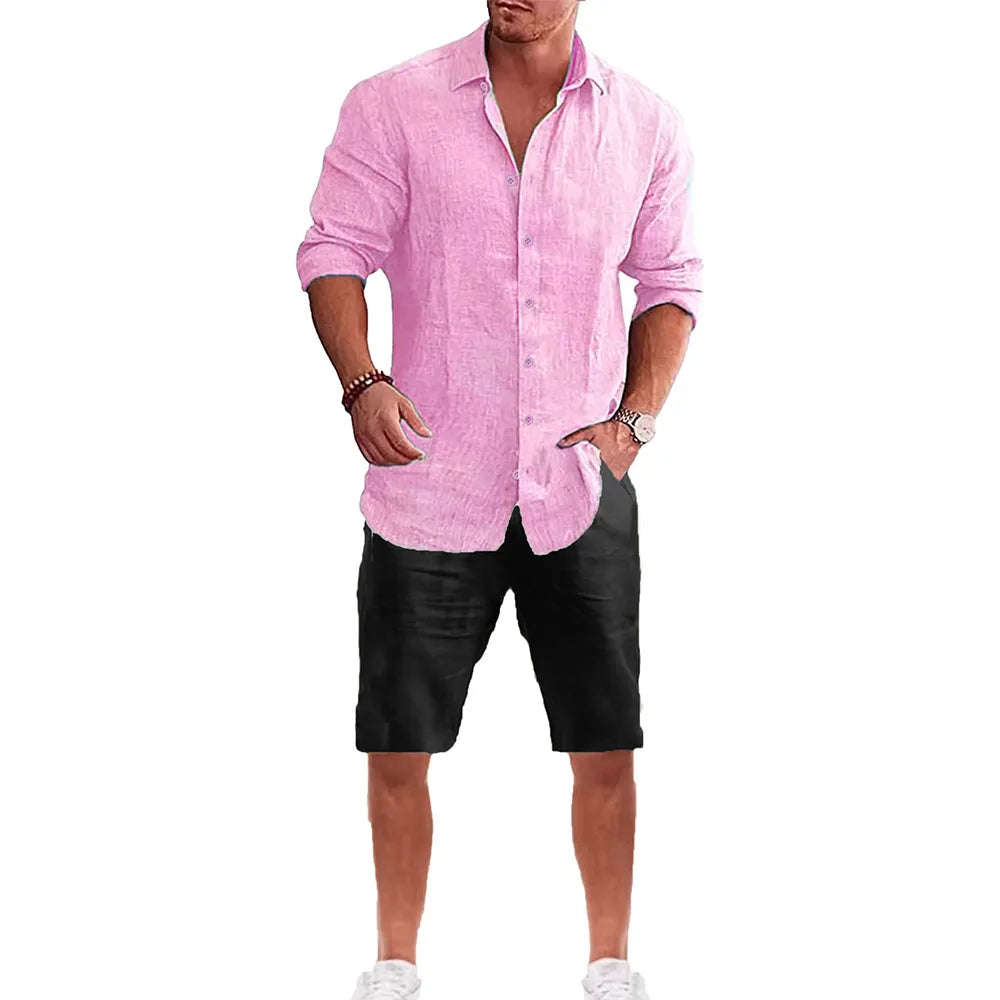 Männer Langarm Hemd Anzug Casual Einfachen Stil Revers Kragen Leichte Atmungsaktive Outfit Männliche Mode Sets Frühling Sommer