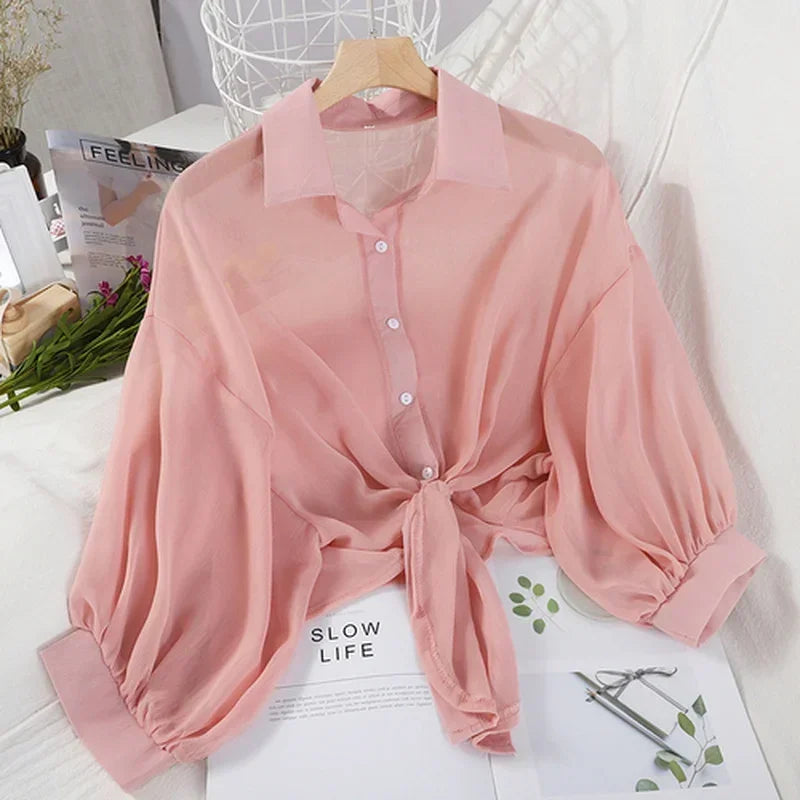 Sommer Frauen Chiffon Shirts Halbe Hülse Mit Knöpfen Hemd Neue Lose Beiläufige Bluse Gebunden Taille Elegante Blusen